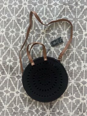 NWT Twig & Arrow Black Crochet Round Crossbody Bag with Brown Strap